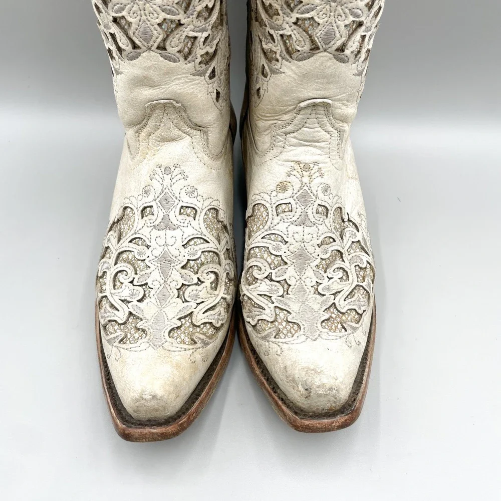 Corral Teens Size 4.5 White Distressed Glitter Inlay Western Boots Cowgirl Boho